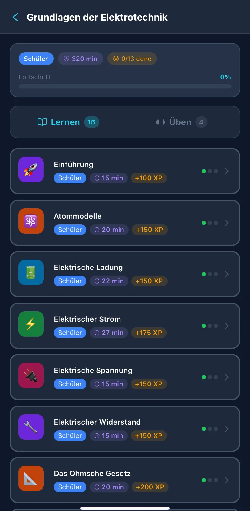 Kursübersicht „Grundlagen der Elektrotechnik“ mit Lektionen, Dauer und XP-Belohnung.