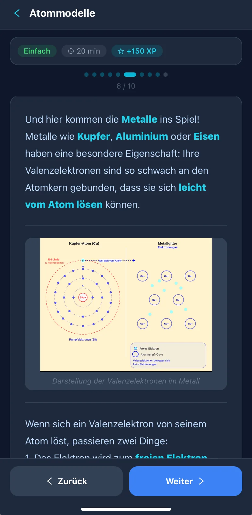 Lektion „Atommodelle“ mit Diagramm eines Kupferatoms und des Metallgitters mit freien Elektronen.