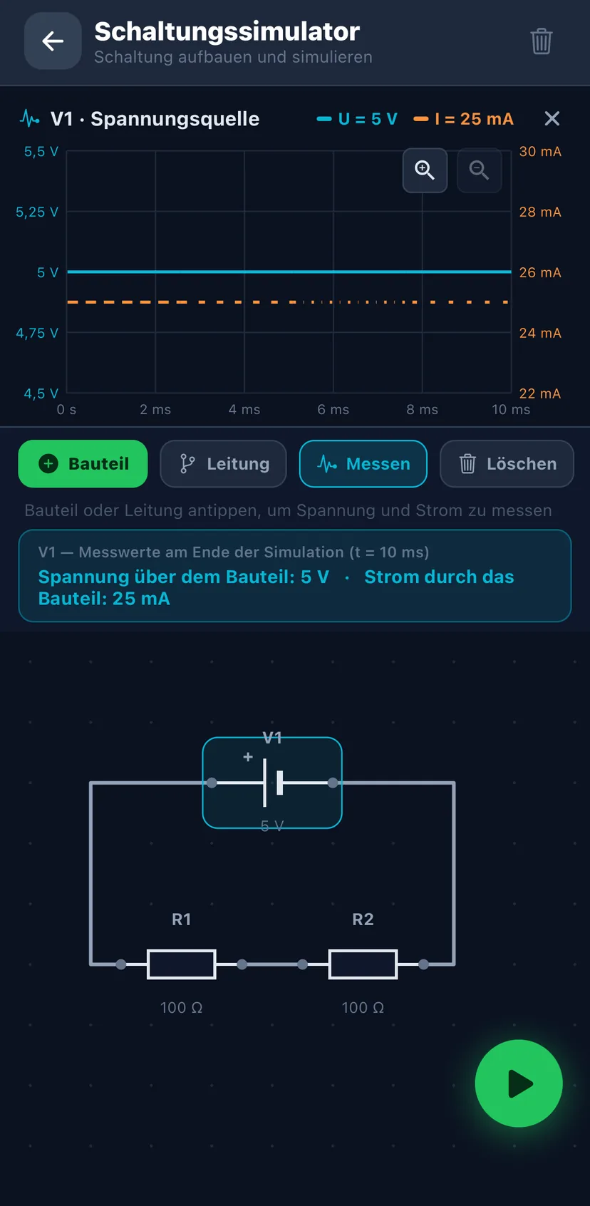 Der Schaltungssimulator mit Messkurve für Spannung und Strom.