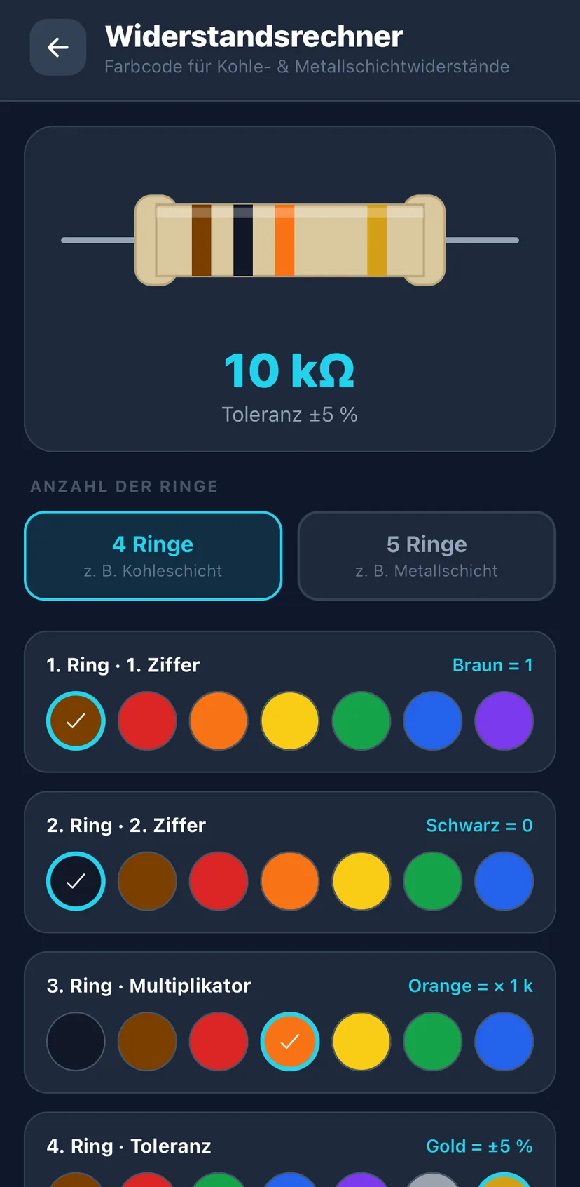 Widerstandsrechner mit Farbcode Braun-Schwarz-Orange-Gold und Ergebnis 10 Kiloohm.